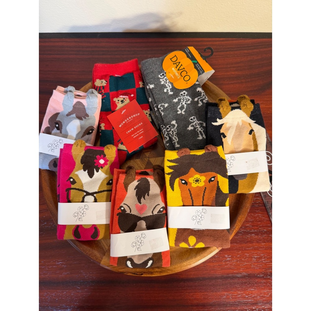 Lot of 7 Womens Novelty Crew Socks Wondershop Reindeer Horse Skeleton Candy Corn
